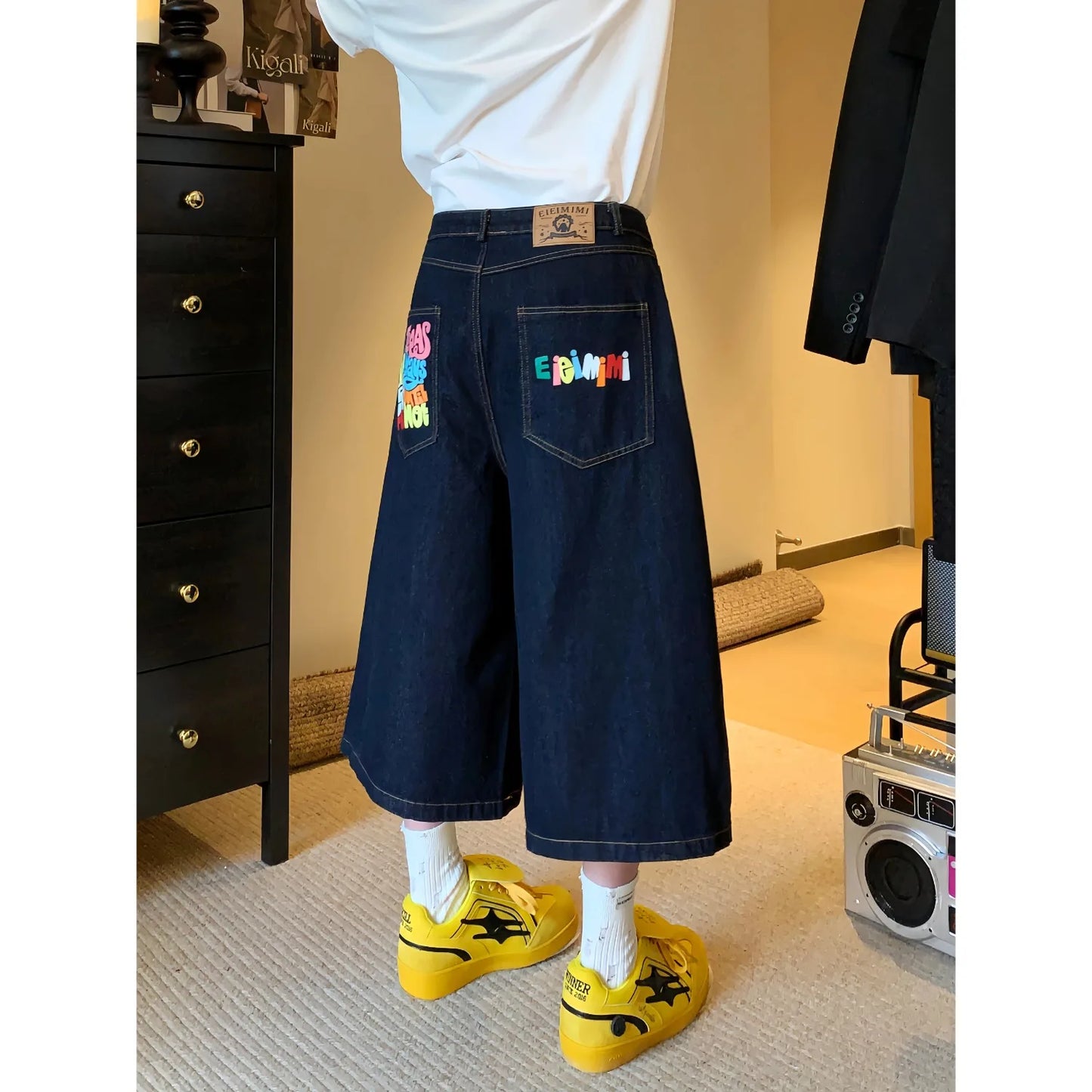 American Retro Jeans Y2K Men Women Harajuku Hip Hop Gothic Retro Pocket Embroidered Blue Baggy Jeans Low Waist Wide Leg Trousers