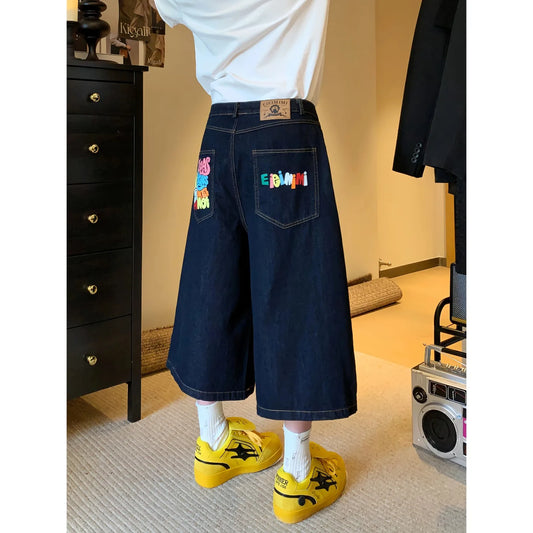 American Retro Jeans Y2K Men Women Harajuku Hip Hop Gothic Retro Pocket Embroidered Blue Baggy Jeans Low Waist Wide Leg Trousers