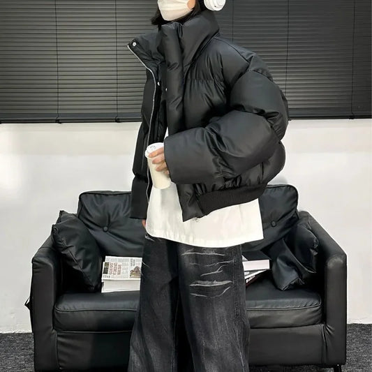American Style Winter Thickened PU Leather Loose Short Cotton Jacket Men's Stand Collar Special High Quality Couple Cotton Cloth