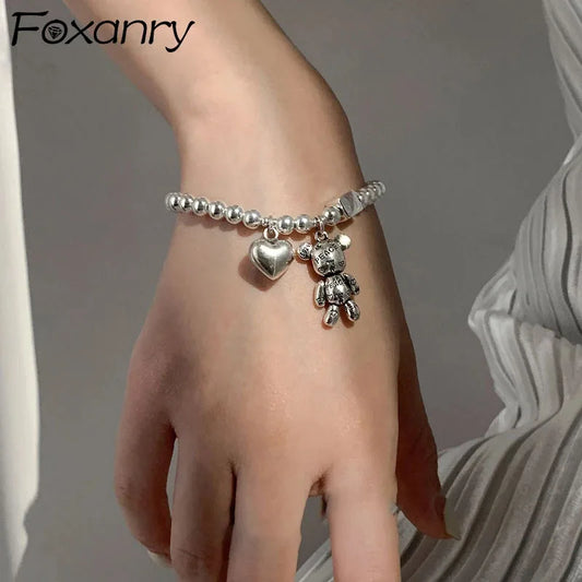 FOXANRY Stamp Bracelets for Women String of Beads Accessories Trend Vintage Simple Cute Bear Pendant Party Jewelry