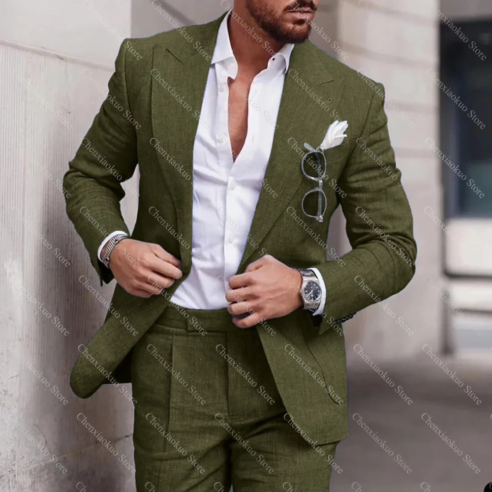 Fashion Linen Suits for Men High Quality Peak Lapel Double One Button Male Suit Slim Chic Casual Wedding Tuxedo 2 Piece Costume