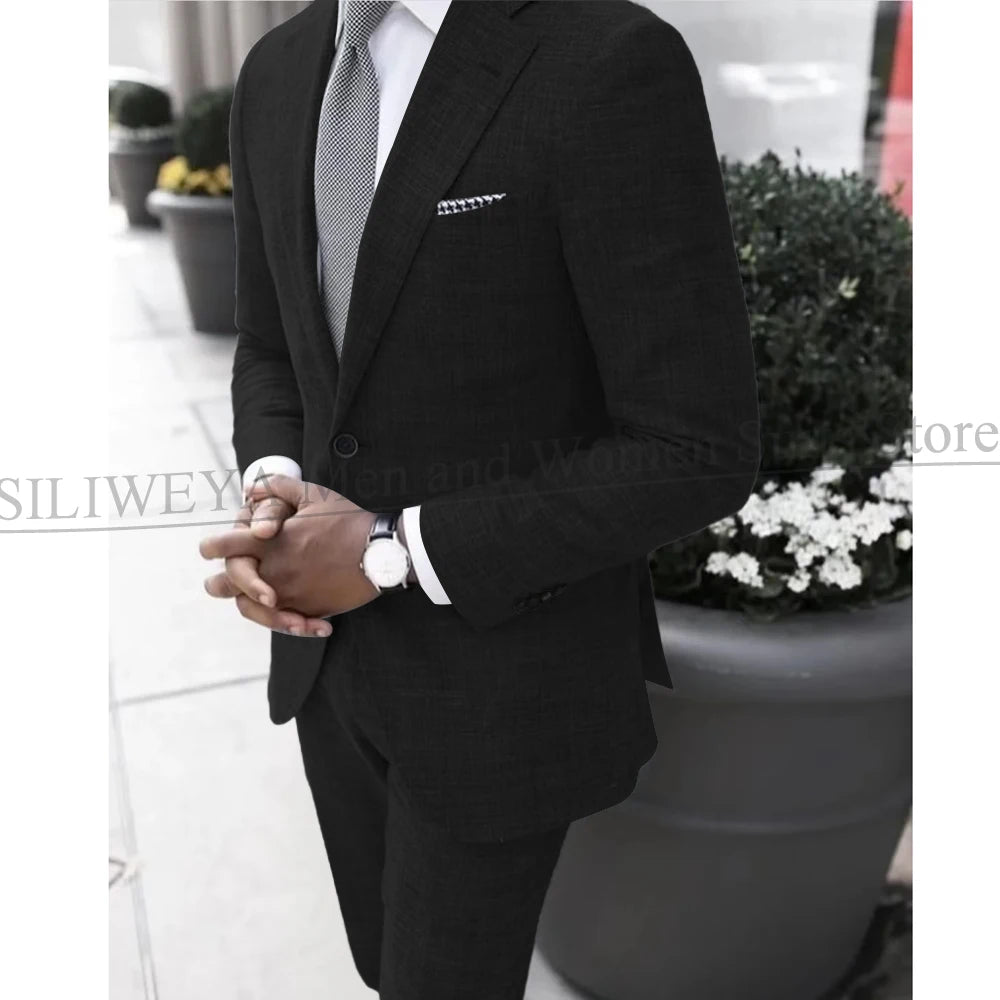 2025 Dark Gray Linen Men's Suit Bridegroom Tuxedo Tailor-Made Wedding Custom Single Breasted Male Blazer 2 pcs(Jacket+pants)