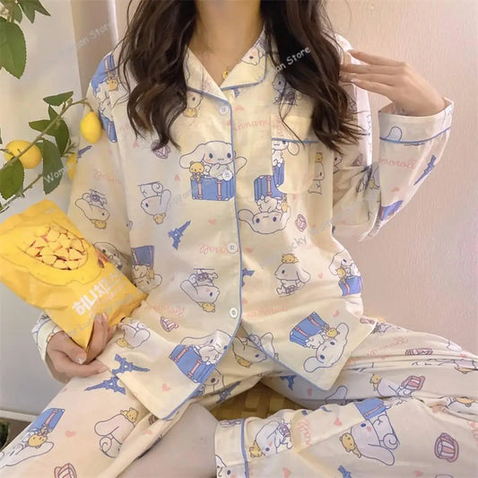 Cartoon Sanrio My Melody Long-Sleeved Pajamas Set Kawaii Cinnamoroll Printing Spring Autumn Thin Cute Girls Casual Home Clothes