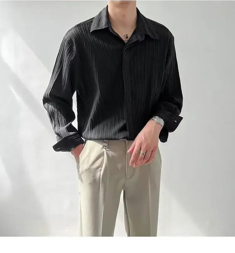 Trendy Stylish Striped No-iron Shirt Autumn Texture Top Korean Version Loose-fit Casual Long Sleeves Shirt For Men