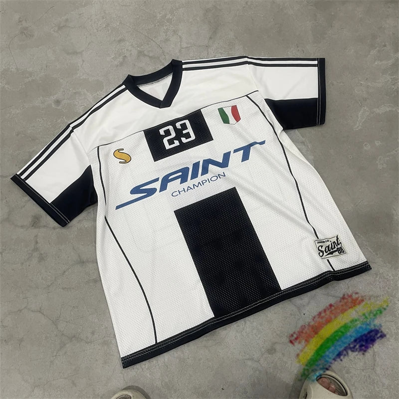 Black White Patchwork Mesh Saint T-Shirt Men Women High Quality Short Sleeve Tee Loose T Shirt