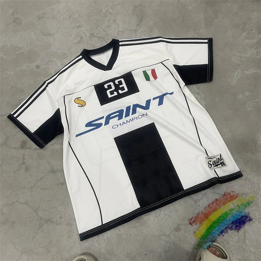 Black White Patchwork Mesh Saint T-Shirt Men Women High Quality Short Sleeve Tee Loose T Shirt