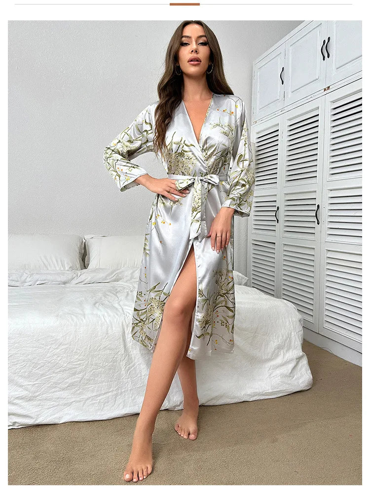 Sexy Loose Satin Home Dressing Gown Print Cherry Nightgown Female Long Kimono Bath Robe Gown Sleepwear Spring Summer Lounge Wear