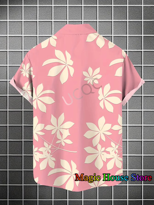 MINISO New Men's Lapel Short Sleeve Hawaiian Shirt Summer Pink Panther Print Hawaii Vacation Casual Fashion Kids/Adult Tops