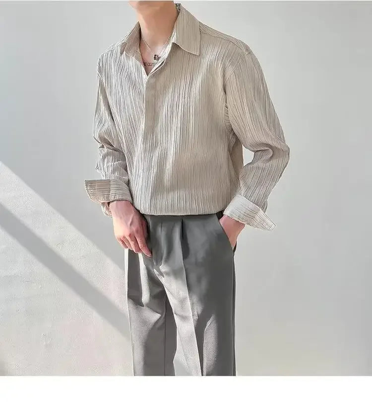Trendy Stylish Striped No-iron Shirt Autumn Texture Top Korean Version Loose-fit Casual Long Sleeves Shirt For Men