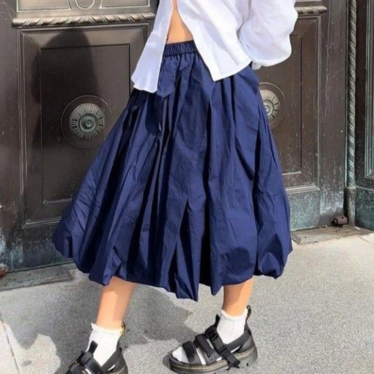 Women Bubble A-Line Skirt Casual Summer Solid Color Elastic Waist Gothic Midi Skirt for Beach Vacation Club Streetwear