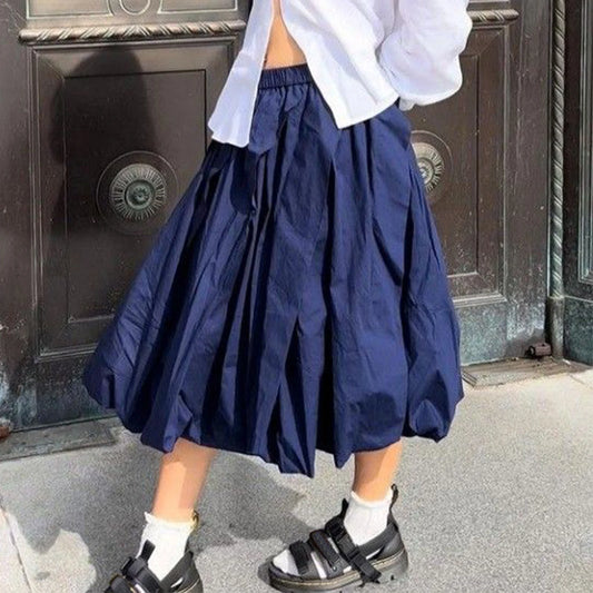 Women Bubble A-Line Skirt Casual Summer Solid Color Elastic Waist Gothic Midi Skirt for Beach Vacation Club Streetwear