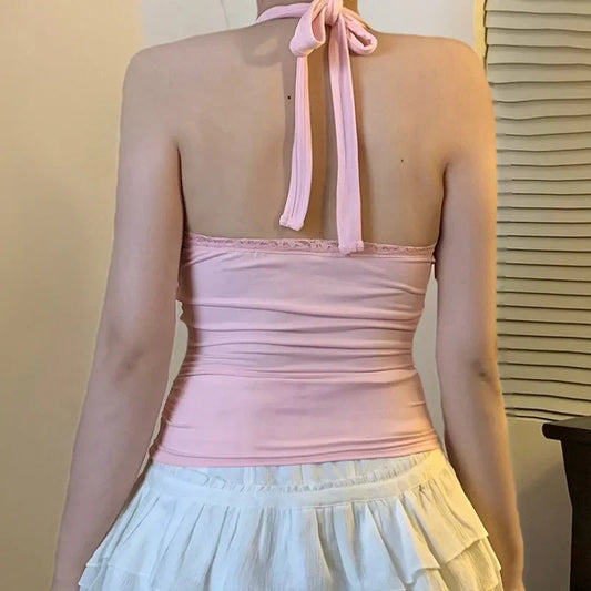 Pink Floral Embroidery Bow Lace Trim Halter Top Pink Vacation Cute Fashion Y2k Crop Tops for Woman Summer 2025