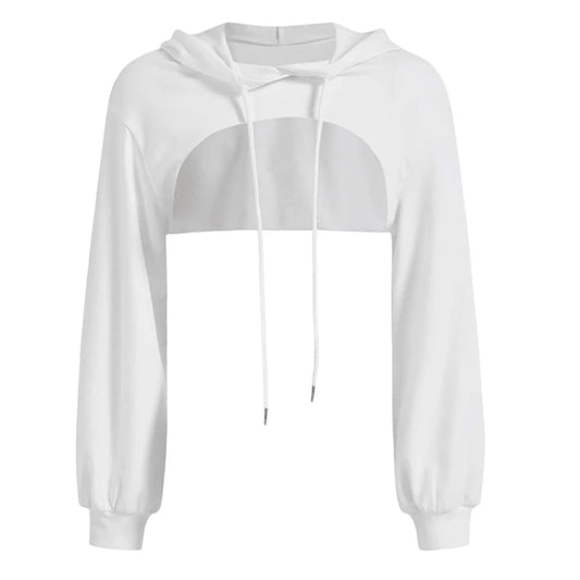 Women's Cropped Hooded Sweatshirt Solid Color Long Sleeve Front Hollow Out Short Hoodies Sweater Spring Autumn Streetwear