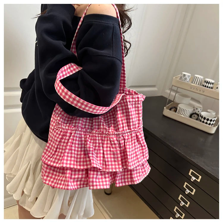 Korean Sle Large Capaci Canvas Tote Bag Blue Plaid Single oulder Skirt Pleated Gown Bag Faionable Casual Handbag