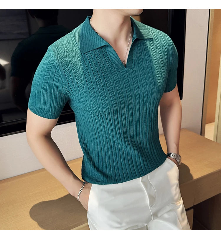 Men Striped Polo Shirt 2025 Summer Light Thin Breathable Solid Casual Elastic Slim Fit Short Sleeved V-neck T-shirt Men Clothing