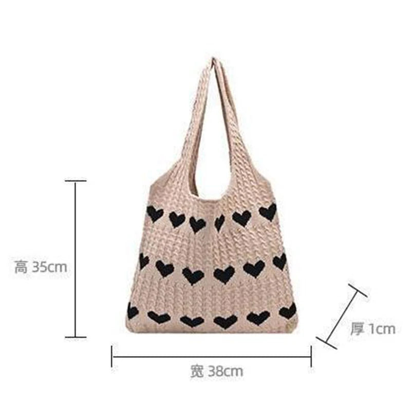 Women Knitted Bag Woven Love Heart  Pattern Wool Portable Shoulder Bag Shopping Bags Workers Students Daily Commuter Bags