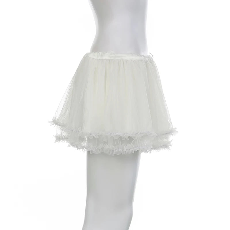 IAMHOTTY Tiered Ruffle Tulle Mesh Skirt y2k Aesthetic Lace-up Low Waist A-line Mini Skirts Fairycore Kawaii Coquette Outfit 2023