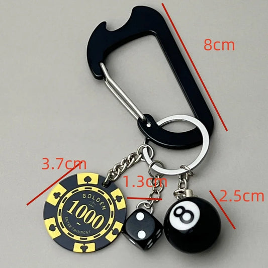 Fashionable Multi functional Keychain Casino Style Lucky Dice Black 8 Lucky Chip Pendant Mountaineering Buckle Bottle Opener