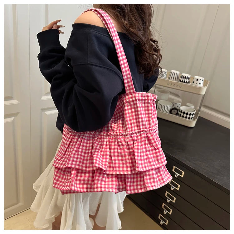 Korean Sle Large Capaci Canvas Tote Bag Blue Plaid Single oulder Skirt Pleated Gown Bag Faionable Casual Handbag