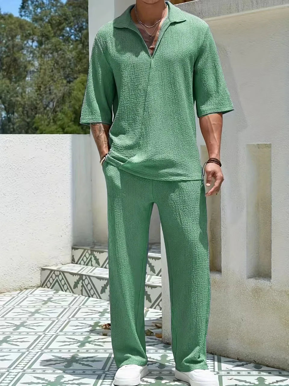 2025 Spring new men's suit-collar commuter casual shirt Fashion retro high-quality solid color half-sleeve pants two-piece set