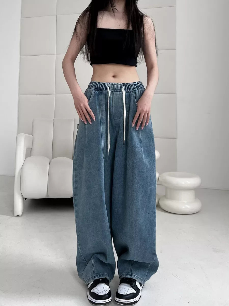 2025 Summer Women's Casual Harajuku Jeans Vintage Loose Elastic Waist Washed Pants Y2K Wide Leg Punk Baggy Denim Trouser