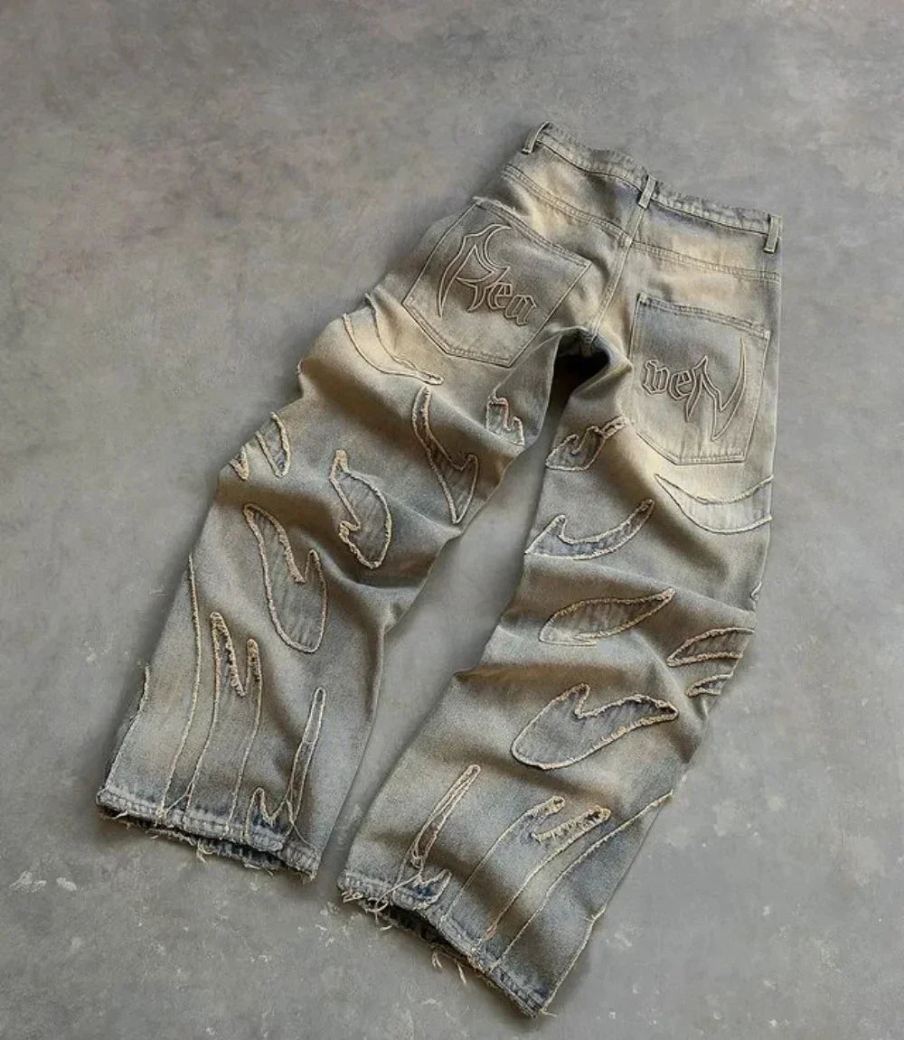 90s Streetwear Retro Hip Op Flame Embroidery Loose High Waisted Men Jeans Female Y2K New Harajuku Gothic Wide Leg Pants