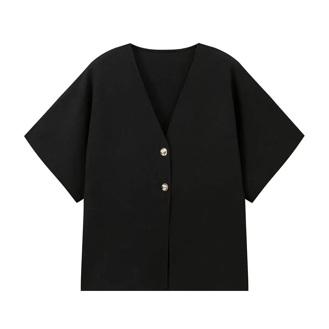 TRAFZA Vintage Casual Chic Knitted Sweaters Women Gold Buttons V-Neck Short Sleeve Cardigans Fashion 2024 Autumn Winter Tops
