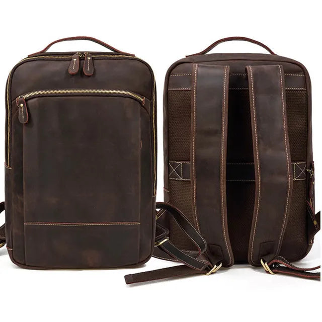 Vintage Travel Backpack leather double zipper bagpack male crazy horse leather backpack handmade leather travel bag men bag