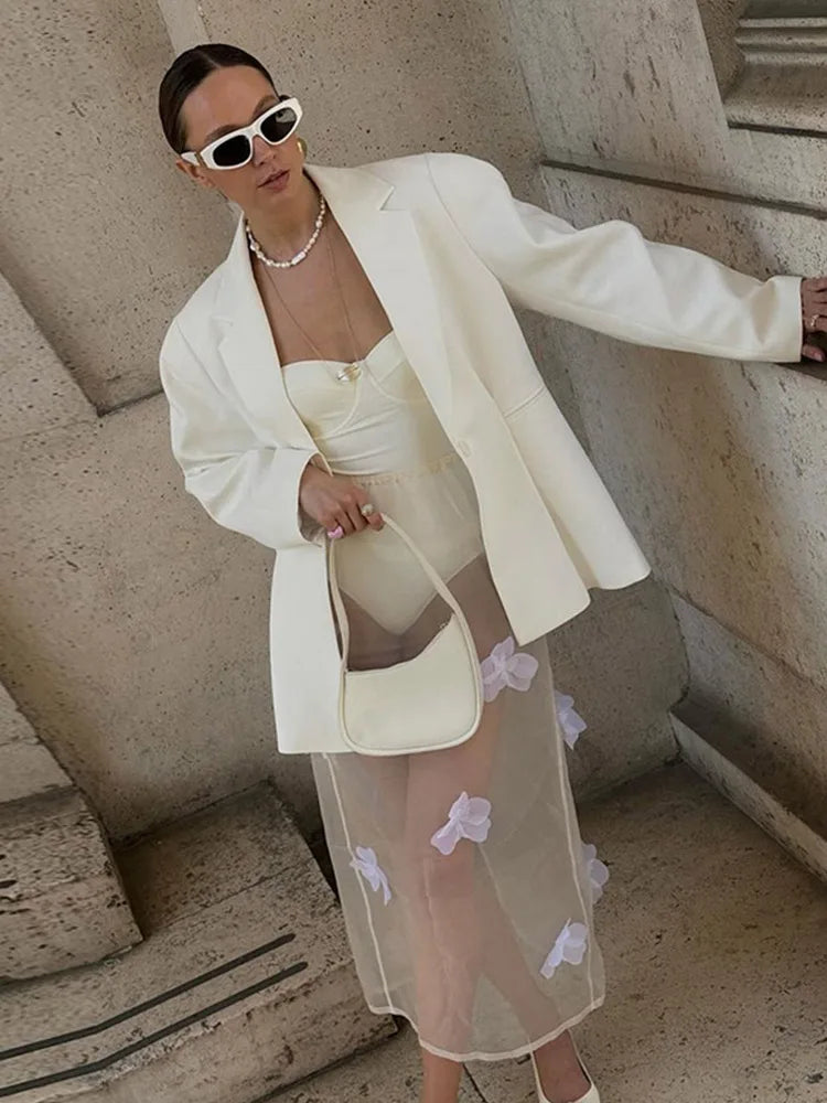 Y2K 3D Floral Gauze Long Skirts For Women 2025 Summer Spring Street See Through High Waist Maxi Skirt Lady Vacation Beach Skirt
