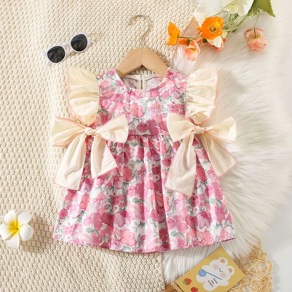 Children's clothing, baby girl dress summer girl full body print two large bows and flying sleeve princess dress