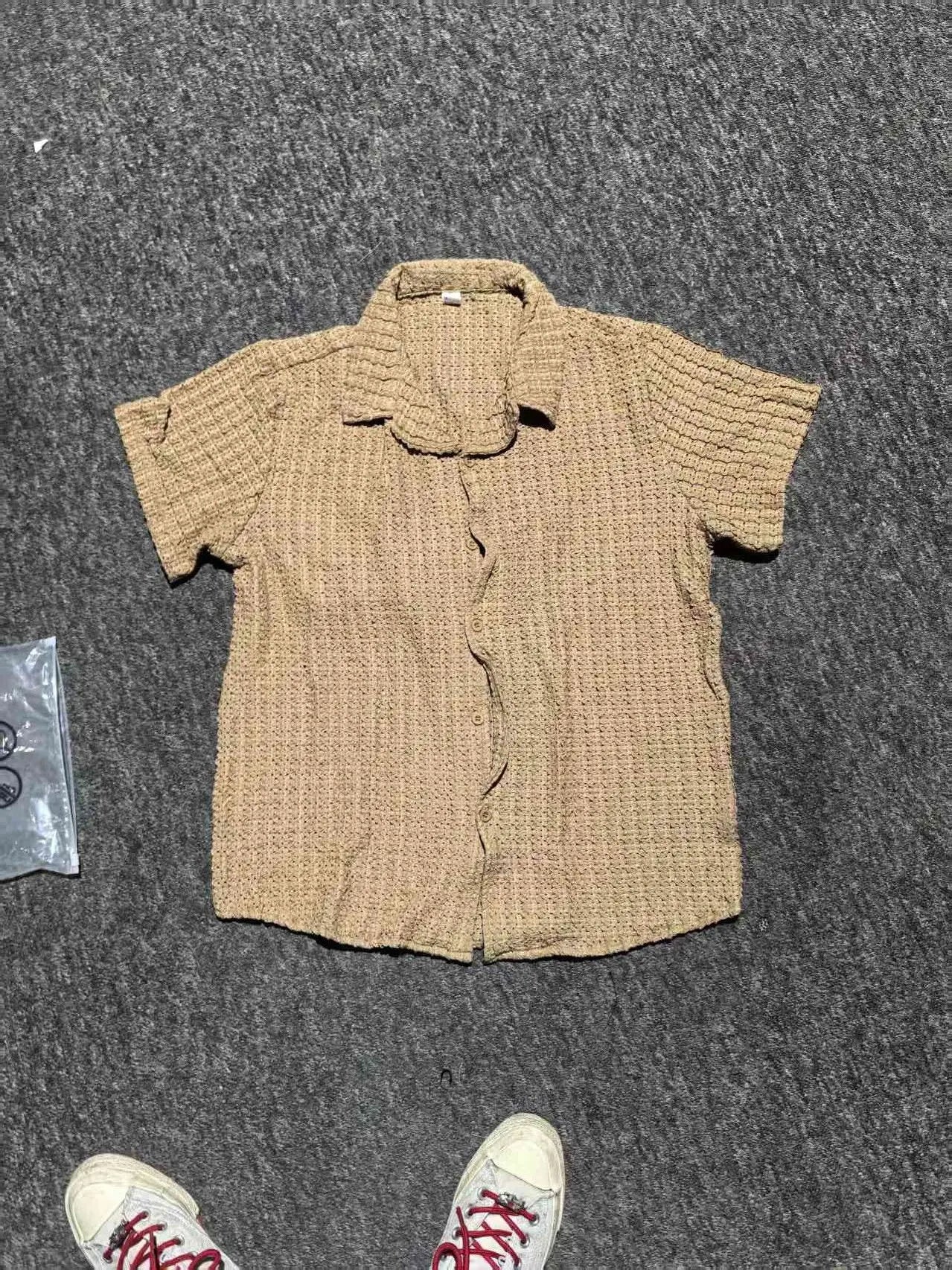 Men's Casual Knit Shirt Summer New Solid Color Turn-down Collar Hollow Breathable Short Sleeve Top
