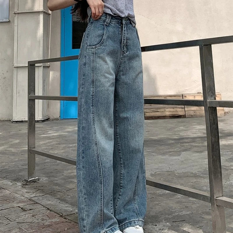 Vintage Baggy Jeans Womens' Loose-Fit Denim Pants Lightweight Bell Bottom Jean Retro Ladies' Denim Trousers Pockets Wide Pants