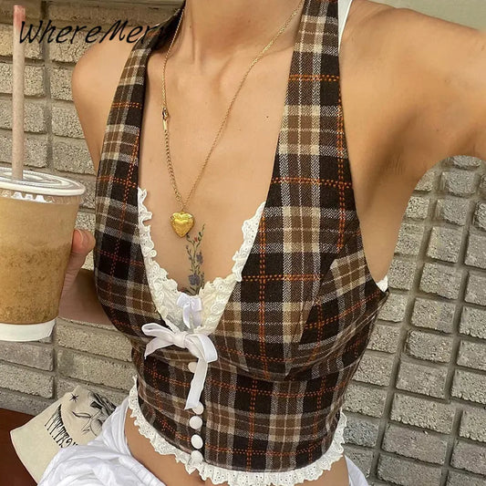 WhereMery French Style Retro Slim Halter Top Y2K Lace Backless Sleeveless V-neck Ruffle Camisole Summer Sexy New Women‘s Clothes
