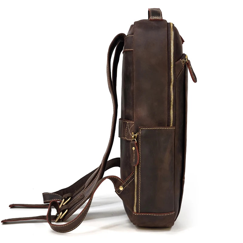 Vintage Travel Backpack leather double zipper bagpack male crazy horse leather backpack handmade leather travel bag men bag