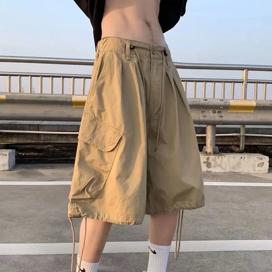 Khaki 7-point Men Summer Thin Japanese Workwear Wide-leg Loose Over-knee Shorts