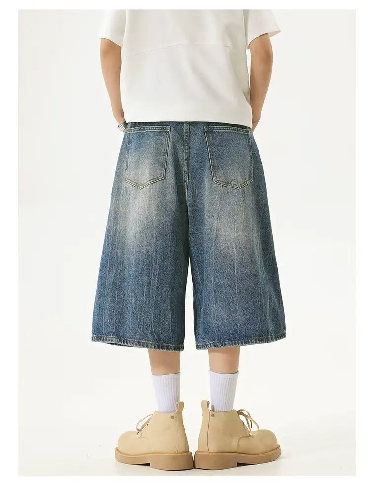 American High Street Lightning Jeans Men's Straight Leg Wide Leg Hip Hop Cool Retro American Seven-Foot Blue Shorts