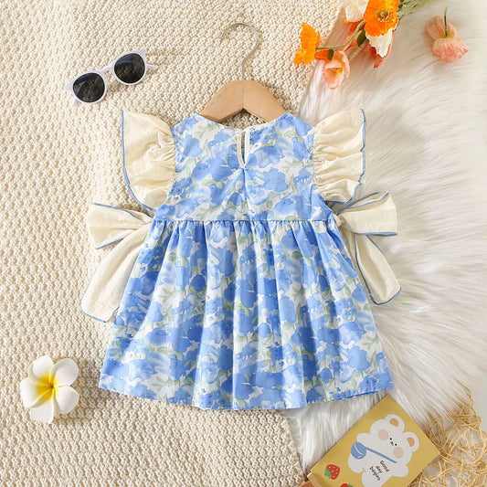 Children's clothing, baby girl dress summer girl full body print two large bows and flying sleeve princess dress