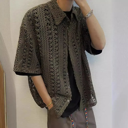 Summer American Style Vintage Distressed Versatile Military Green Knit Hollow Breathable Loose-fit Casual Short Sleeve Shirt Men