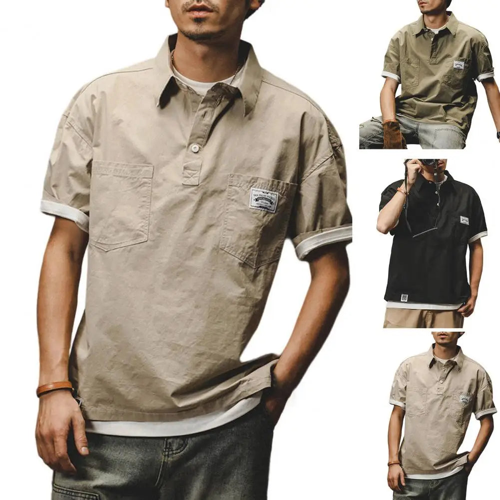 Man Shirts Summer Cargo Shirt American Retro Loose Short Sleeves Lapel Men Tops Work Shirt Multi Pockets Half Sleeve Casual Tops