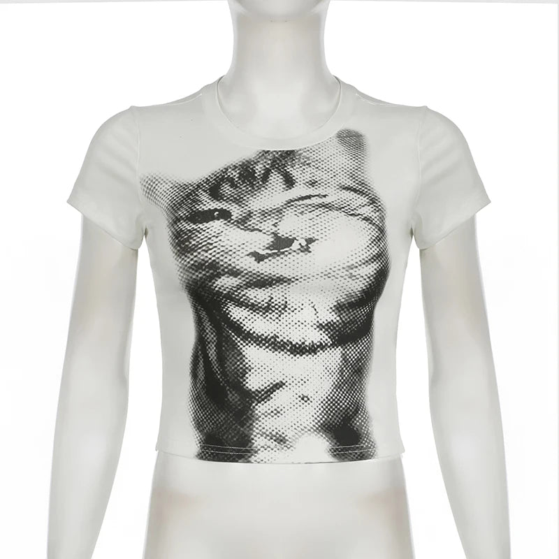 CIBBAR Harajuku Animal Print Crop Top Basic White Short Sleeve Crewneck T-shirt Women Casual Slim-fitting Tees Lady y2k Vintage