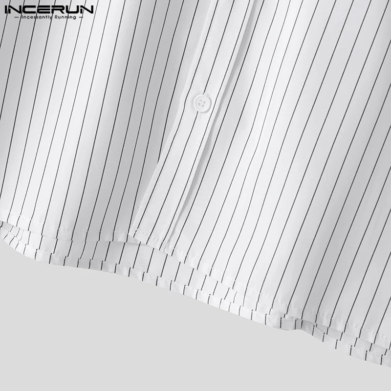 INCERUN Tops 2025 Korean Style Men's Casual Simple Striped Cropped Shirt Fashion Streetwear Male Hot Selling Long Sleeved Blouse