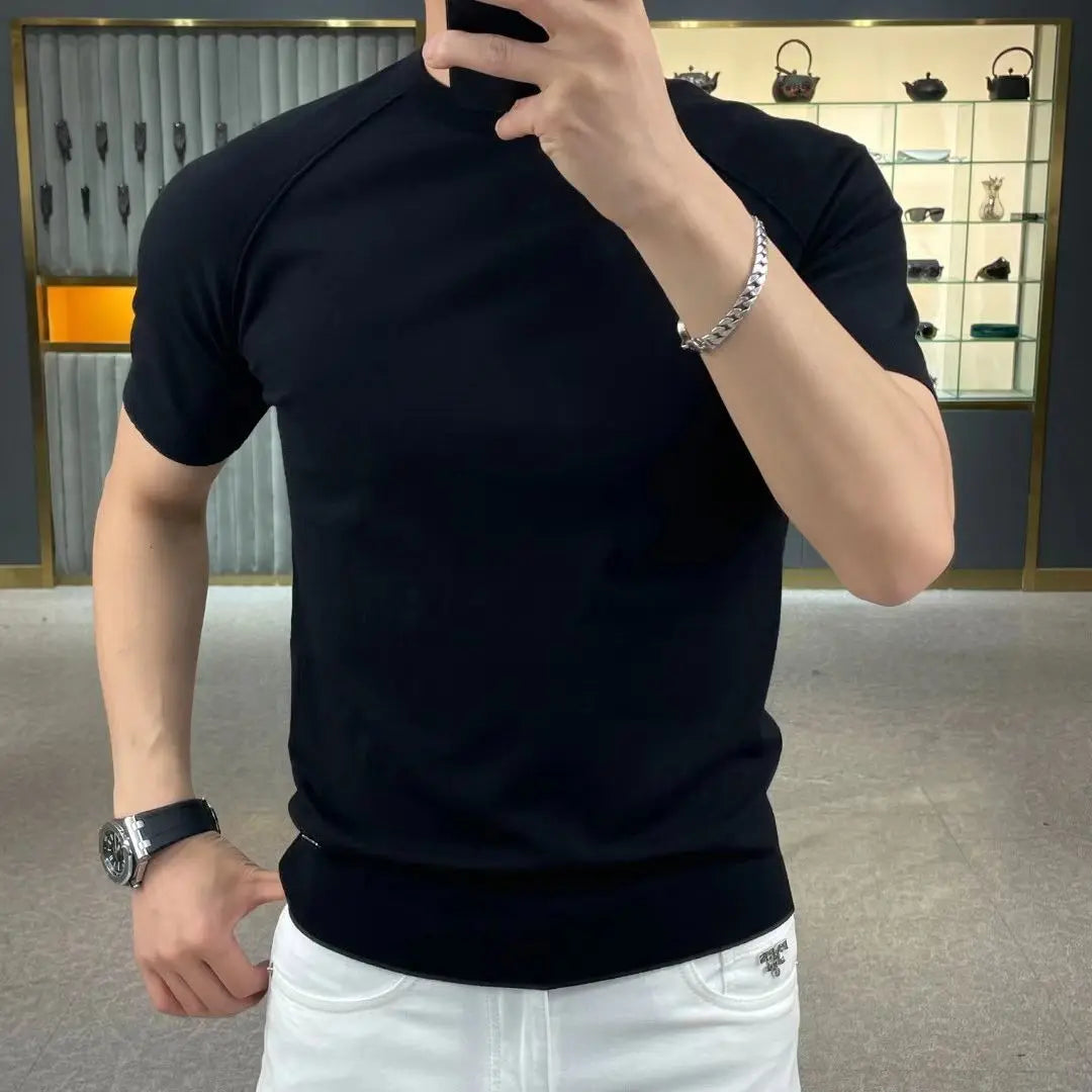British Fashion Summer High Elastic Slim Round Neck Short Sleeve T-shirt Men's Solid Patchwork Smart Casual Versatile Cotton Top