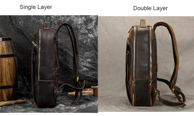 Vintage Travel Backpack leather double zipper bagpack male crazy horse leather backpack handmade leather travel bag men bag