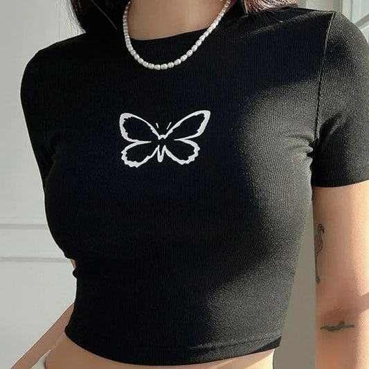 Summer  Aesthetic Patchwork Crop Top Women Vintage Punk Fairy Grunge Print Gothic Short Sleeve T-Shirt Red Y2k Clothes