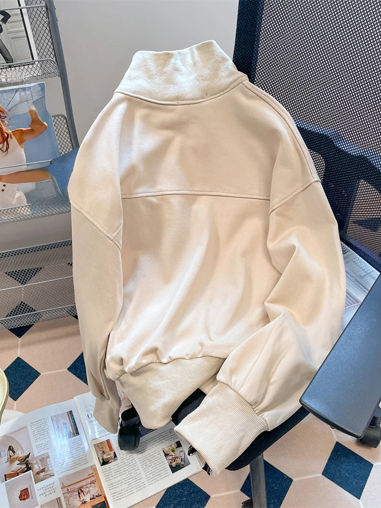 American Lazy Style Hoodies Stand Neck Solid Color Design Spring Autumn Sweatshirts Casual Loose All Match 2024 Women Clothing