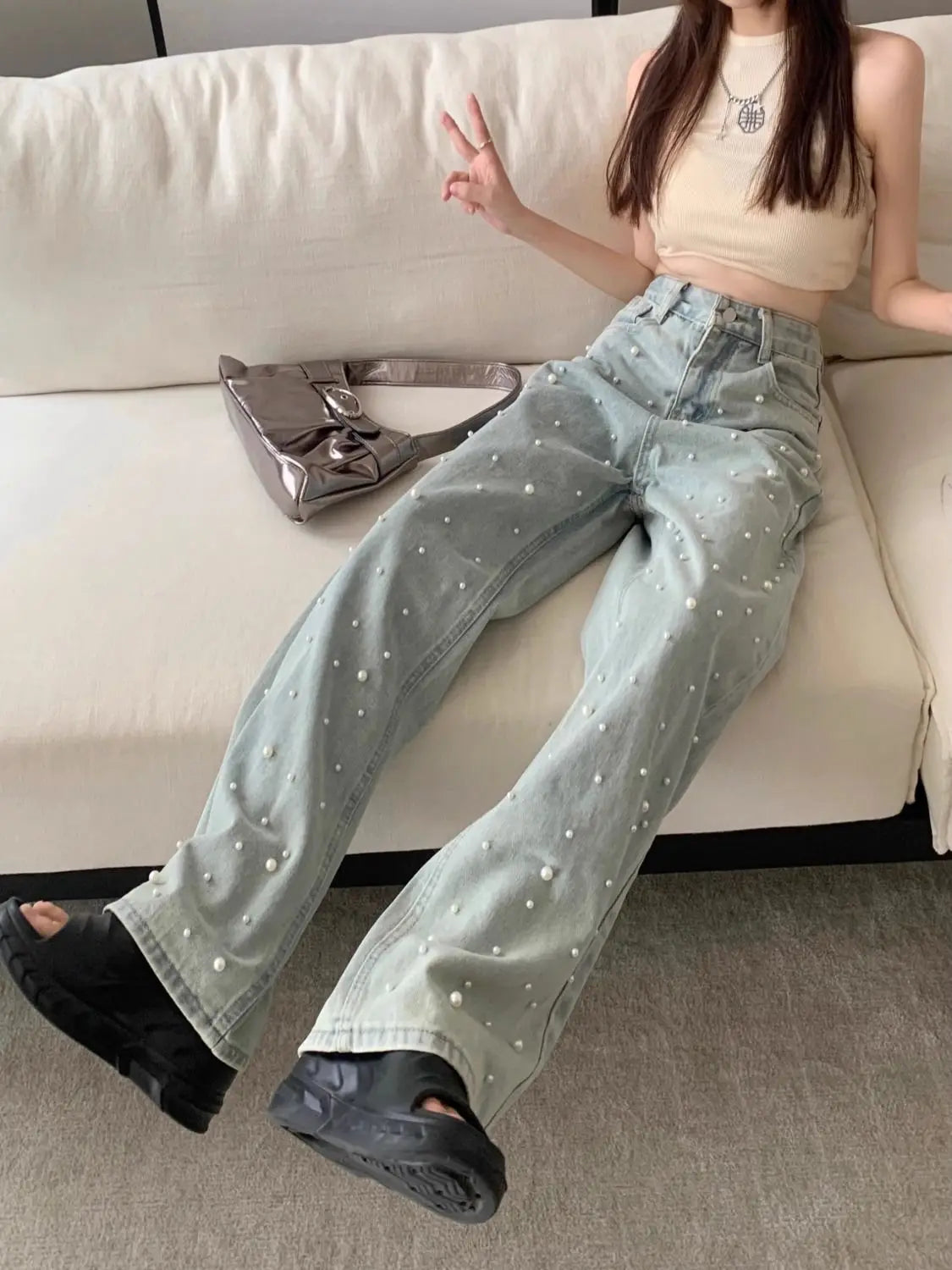 Women's Jeans High Waist Straight Blue Beaded Pearls Denim Pants Spring Autumn Chic Streetwear Design Baggy Jeans Women Clothing