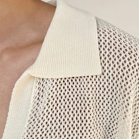 Summer New Men's Hollow Solid Color Knitted Short-Sleeved T-Shirt Retro Fashion Trend Casual Simple Loose Breathable Men's Tops
