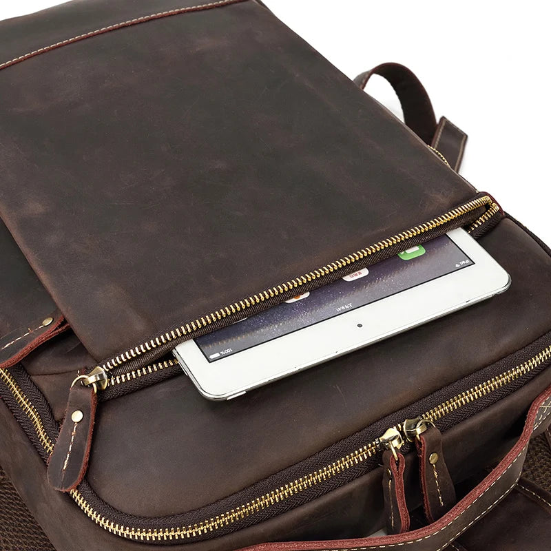 Vintage Travel Backpack leather double zipper bagpack male crazy horse leather backpack handmade leather travel bag men bag