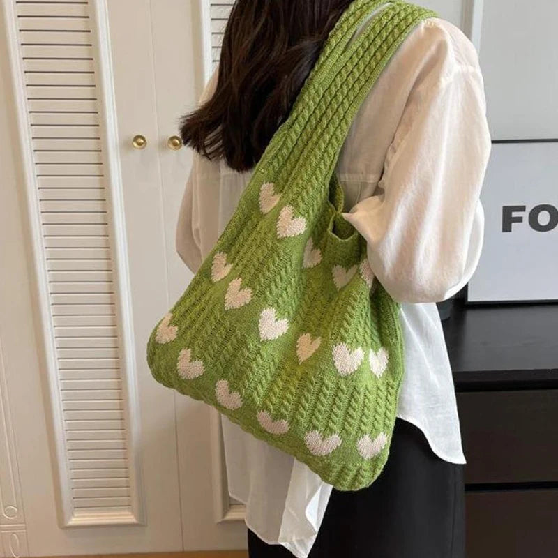 Women Knitted Bag Woven Love Heart  Pattern Wool Portable Shoulder Bag Shopping Bags Workers Students Daily Commuter Bags