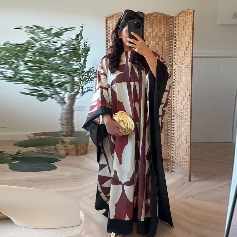 Fashion Print Pleated Long Dresses Women Party O-neck Full Sleeve Female Holiday Dresses 2025 Summer Lady Elegant  Robes